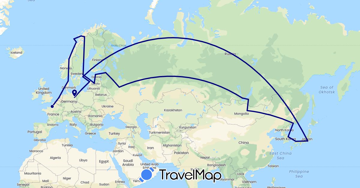 TravelMap itinerary: driving in Germany, Denmark, Estonia, France, Japan, South Korea, Latvia, Mongolia, Netherlands, Norway, Russia, Sweden (Asia, Europe)