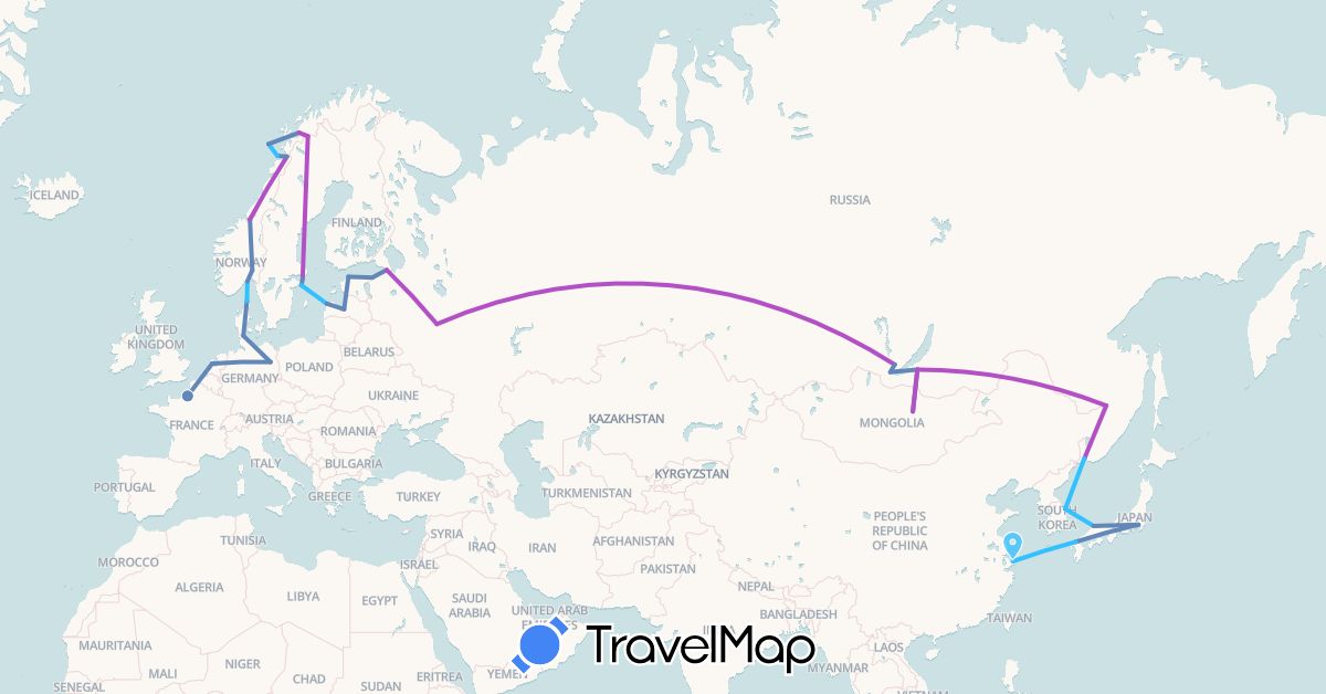 TravelMap itinerary: driving, cycling, train, boat in China, Germany, Denmark, Estonia, France, Japan, South Korea, Latvia, Mongolia, Netherlands, Norway, Russia, Sweden (Asia, Europe)